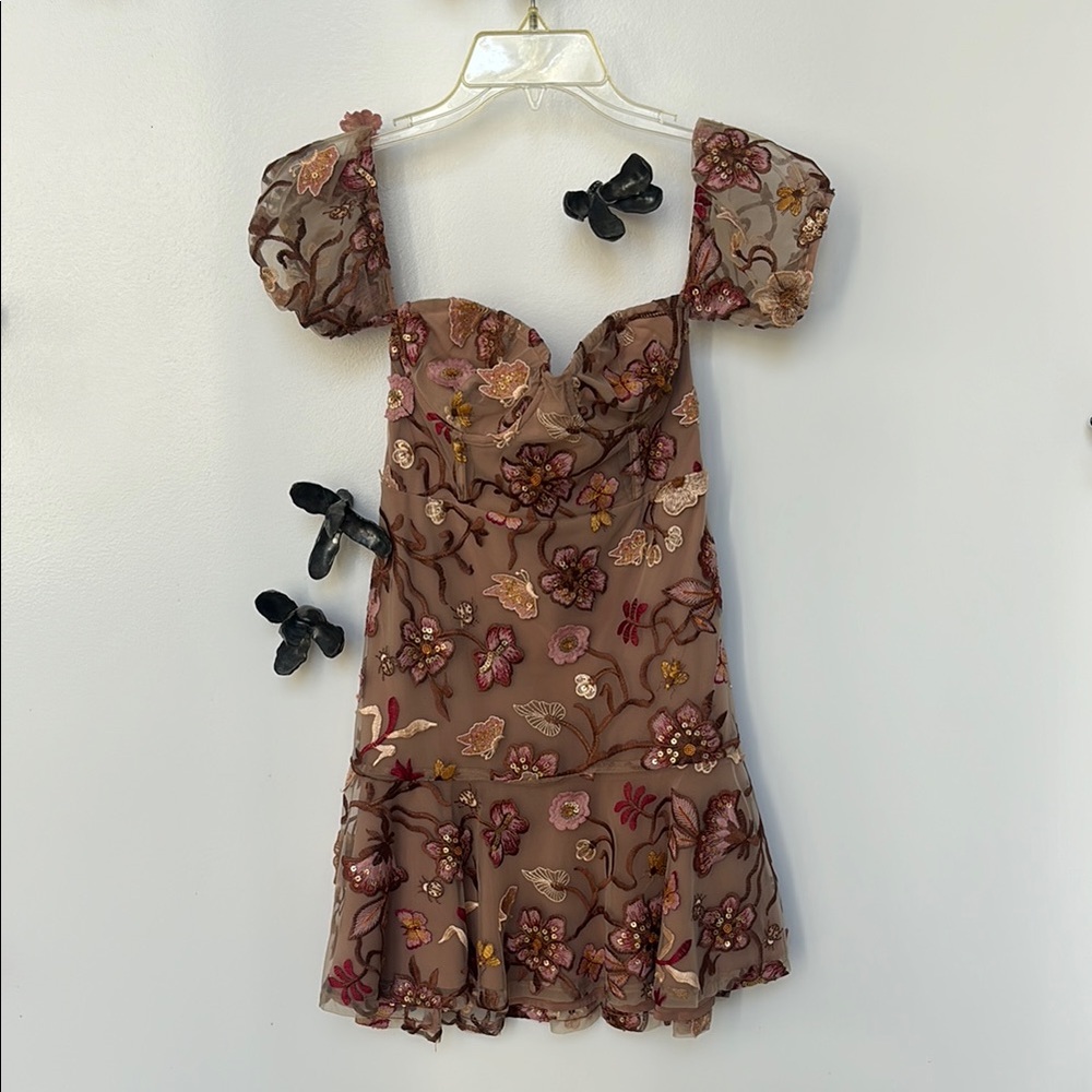 For Love & Lemons - Floral Embroidered Dress with Puff Sleeves